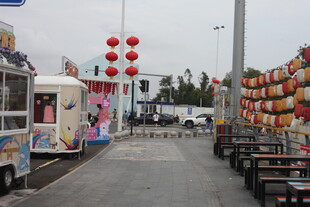 热闹集市中的摊位与红灯笼