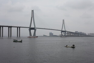 江上大桥与水中船只景象