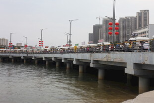 城市河畔热闹的观景长桥