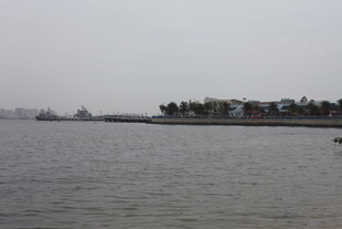 海滨风光 远处船只与树木