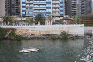 河畔小船与现代建筑景观