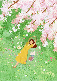 女孩于樱花树下惬意休憩