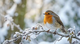 雪枝上的橙色小鸟
