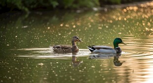 夕阳下水中悠游的野鸭