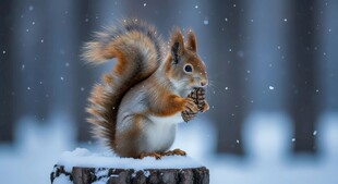 雪地中进食的可爱松鼠