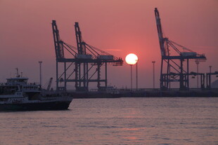 港口夕阳下的起重机与船只