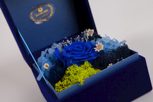 工艺品蓝色礼盒中的精美蓝玫瑰
