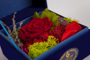 工艺品蓝色礼盒中的娇艳红玫瑰