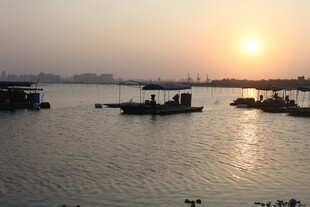 夕阳下的江面船只景象