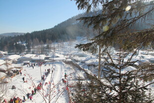 冬日山村雪景热闹景象