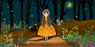 森林中身着黄裙的梦幻女孩