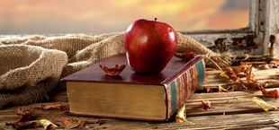 秋日书桌上的苹果与书籍