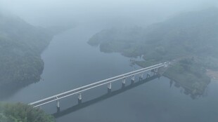 雾中大桥横跨宽阔水面