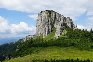 巍峨山峰与葱郁草地美景