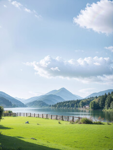 湖畔绿野远山蓝天美景