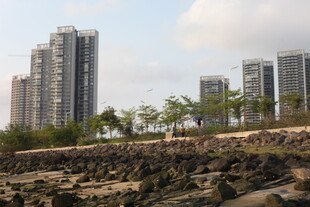 湛江海滨城市高楼与礁石景观