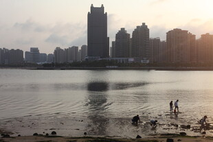 湛江夕阳下的城市河畔风光