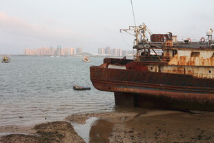 湛江岸边搁浅的老旧船只