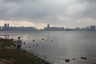 湛江阴天湖畔城市景观