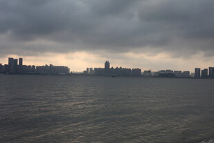 城市天际线与阴沉江面