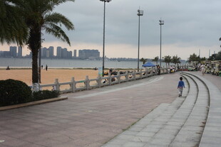 湛江海滨步道上的悠闲骑行场景