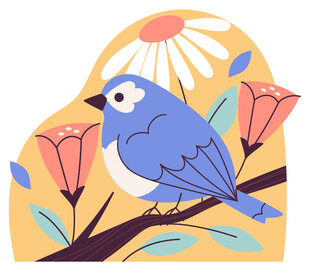 枝头蓝鸟与花卉插画