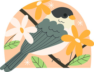 枝头小鸟与花卉插画