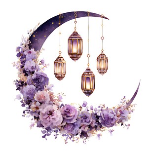 紫色新月挂花灯花卉图