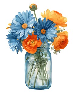 花瓶中的蓝橙花卉组合