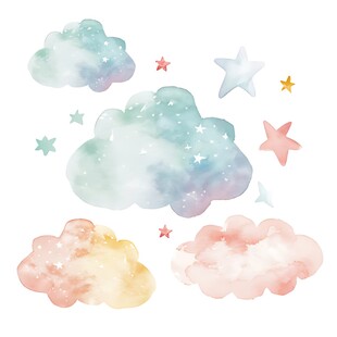 水彩梦幻云朵与星星图案