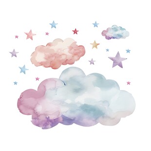 梦幻水彩云朵与星星图案