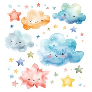 可爱云朵星星水彩插画