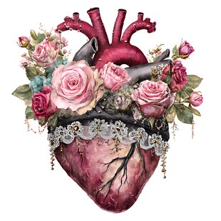 花卉环绕的精致解剖学心脏