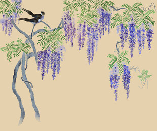 紫藤枝头双鸟图