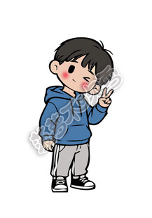 穿蓝衣比耶的可爱小男孩