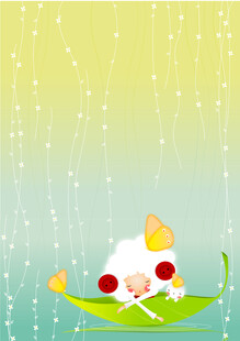 萌羊躺叶上享受雨滴