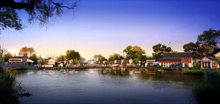 湖畔小镇黄昏美景