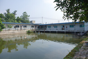 乡村池塘边的蓝顶房屋