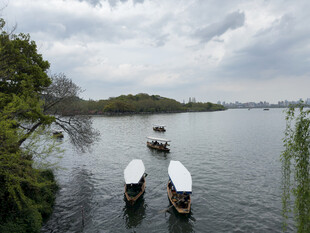湖上小船伴绿树云雾景