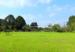绿草如茵中的古朴楼阁