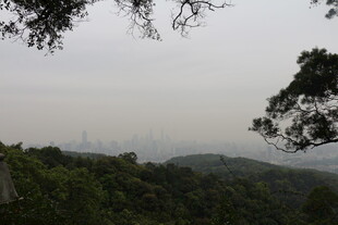 山林间远眺朦胧城市景象