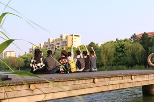 桥上人群休憩赏景画面