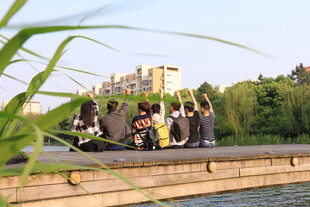 河畔人群赏景休闲时刻