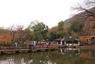 湖畔古桥边的游人景致