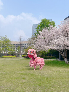 草坪上的粉色艺术狮子雕塑