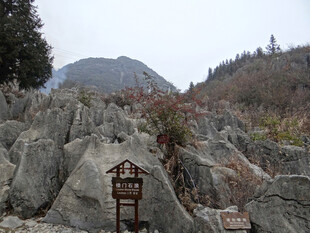 恩施山间岩石旁的指示牌