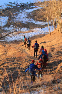 户外徒步者穿行于原野间