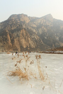 冬日冰湖枯草与远山