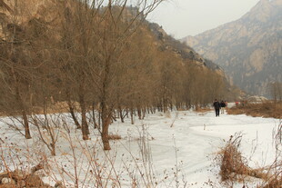 冬日山林雪景中的徒步者