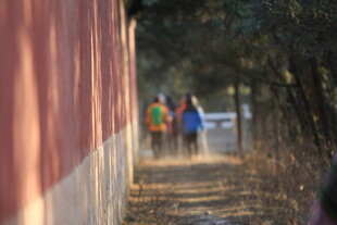 冬日墙边漫步的人群